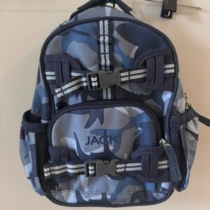 Pottery Barn Kids Mini Blue Camo Backpack with JACK embroidered on front.